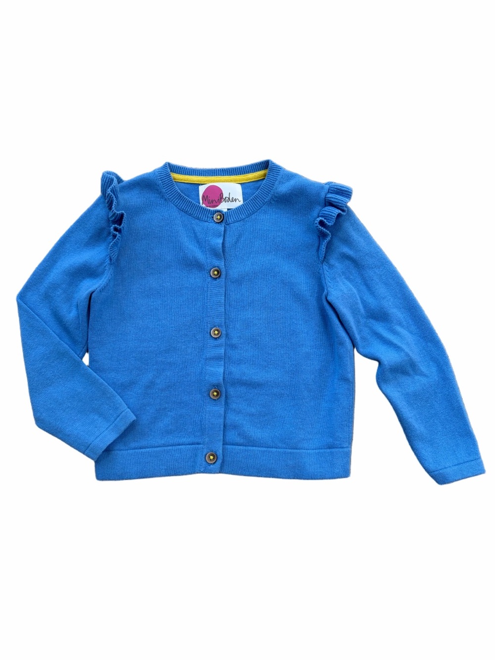 Mini Boden Size 3-4 Years Blue Ruffle Shoulder Knit Cardigan Sweater